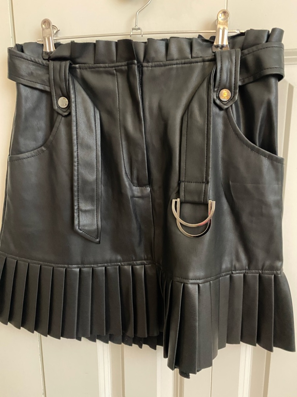 Zara Black Faux Leather Mini Skirt with Pleated Hem and D-Ring Belt